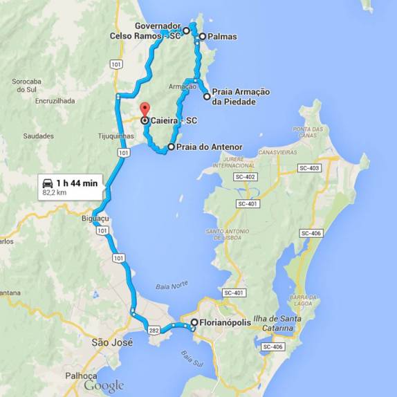 Nosso trajeto na manhã do dia 24/03, saindo de Florianópolis e indo até Governador Celso Ramos, dando a volta na península no sentido horário. Daí seguimos para Bombinhas, um pouco mais ao norte